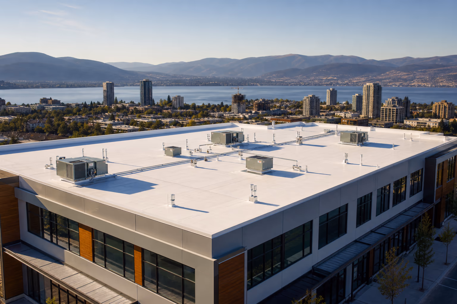 Modern commercial building with premium TPO membrane roof in Kelowna, BC