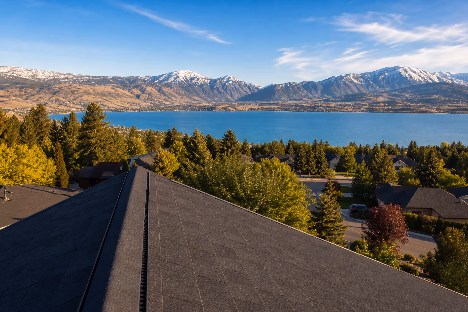 Residential roof detail showing ridge vent and shingle texture