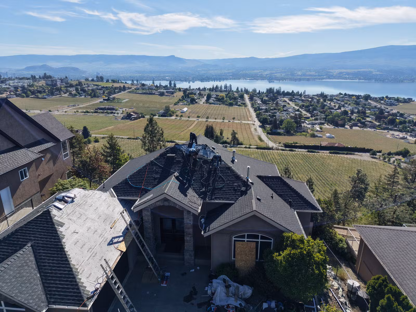 Aerial view of roof removal in progress in Lakeview Heights