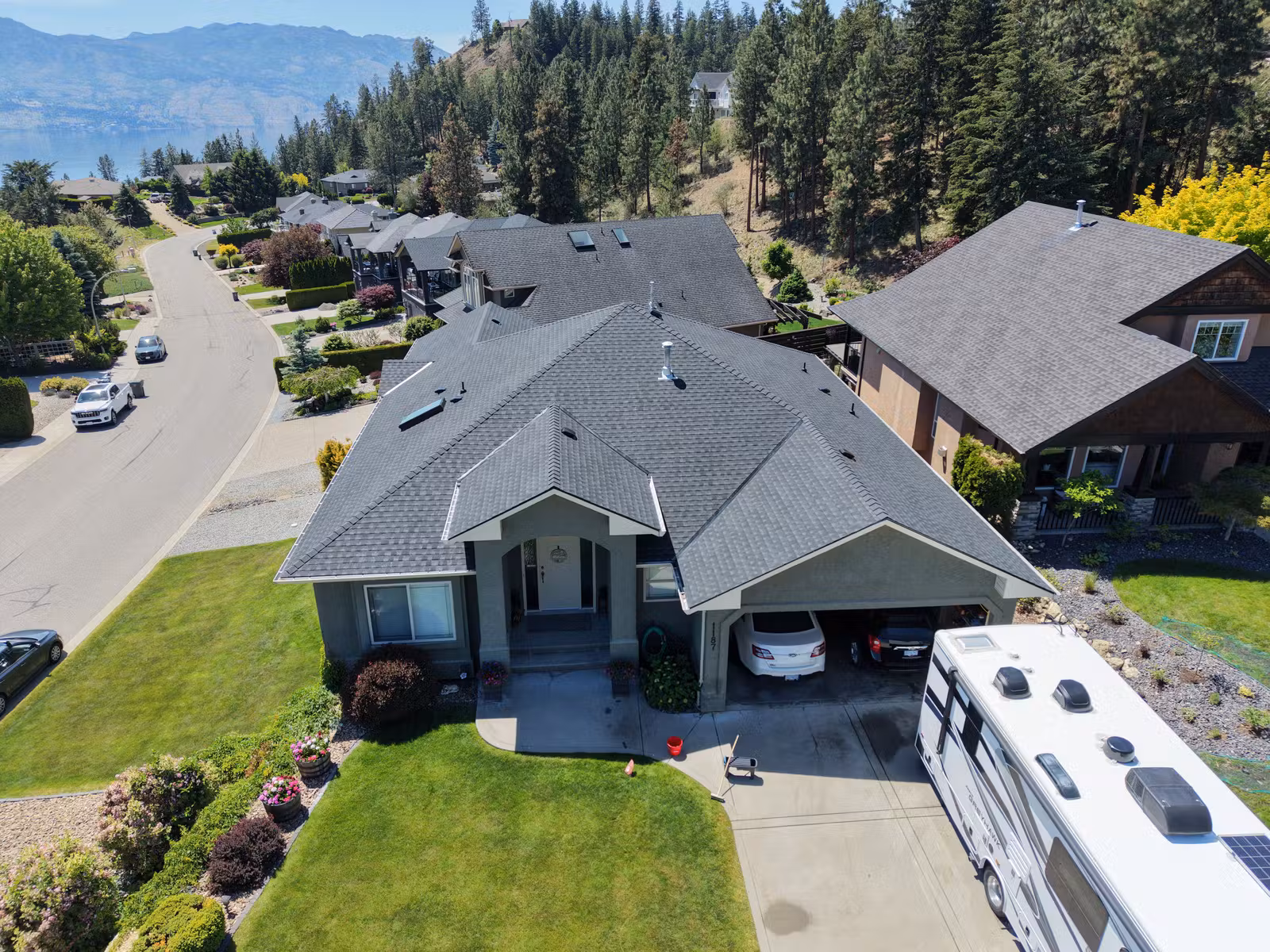 Street-facing aerial view of a Lakeview Heights roof replacement
